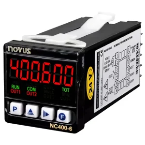 Contador digital de 6 dígitos NOVUS NC400-6 con display LED rojo, formato 1/16 DIN y protección frontal IP65 para automatización de líneas de empaque en Colombia.