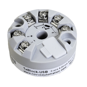 Transmisor de temperatura industrial NOVUS TxBlock-USB con entrada universal configurada por puerto USB para cabezotes de medición en Colombia.