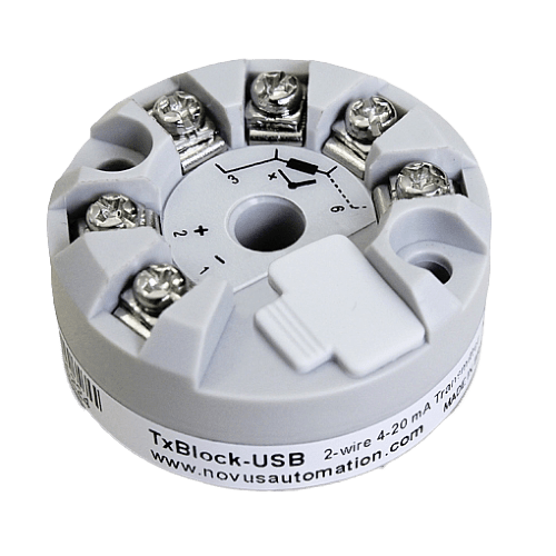 Transmisor de temperatura industrial NOVUS TxBlock-USB con entrada universal configurada por puerto USB para cabezotes de medición en Colombia.